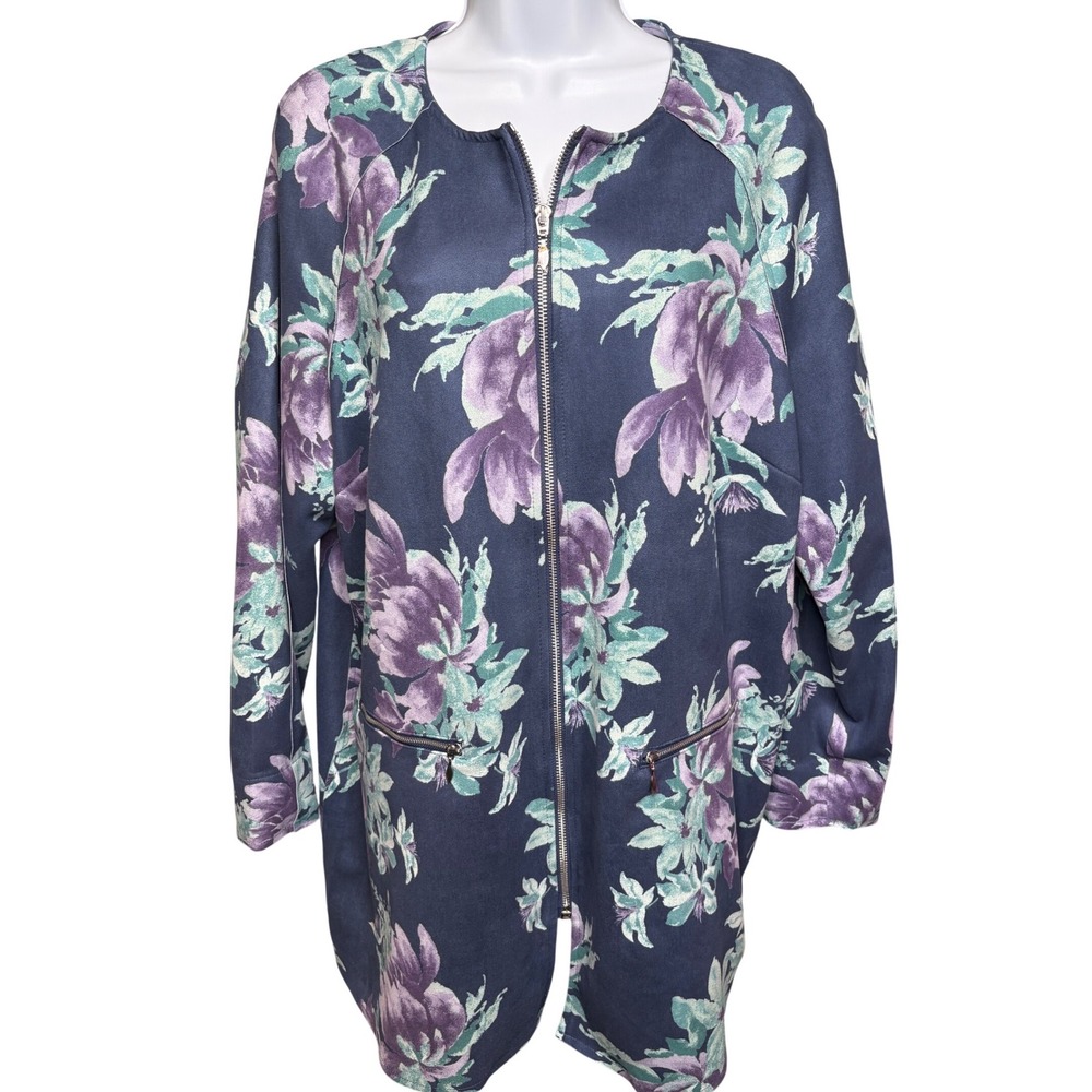 CHICO'S Women Blue Floral Full Zip Longline Jacket Sz 2/L Scuba Knit Modern Chic